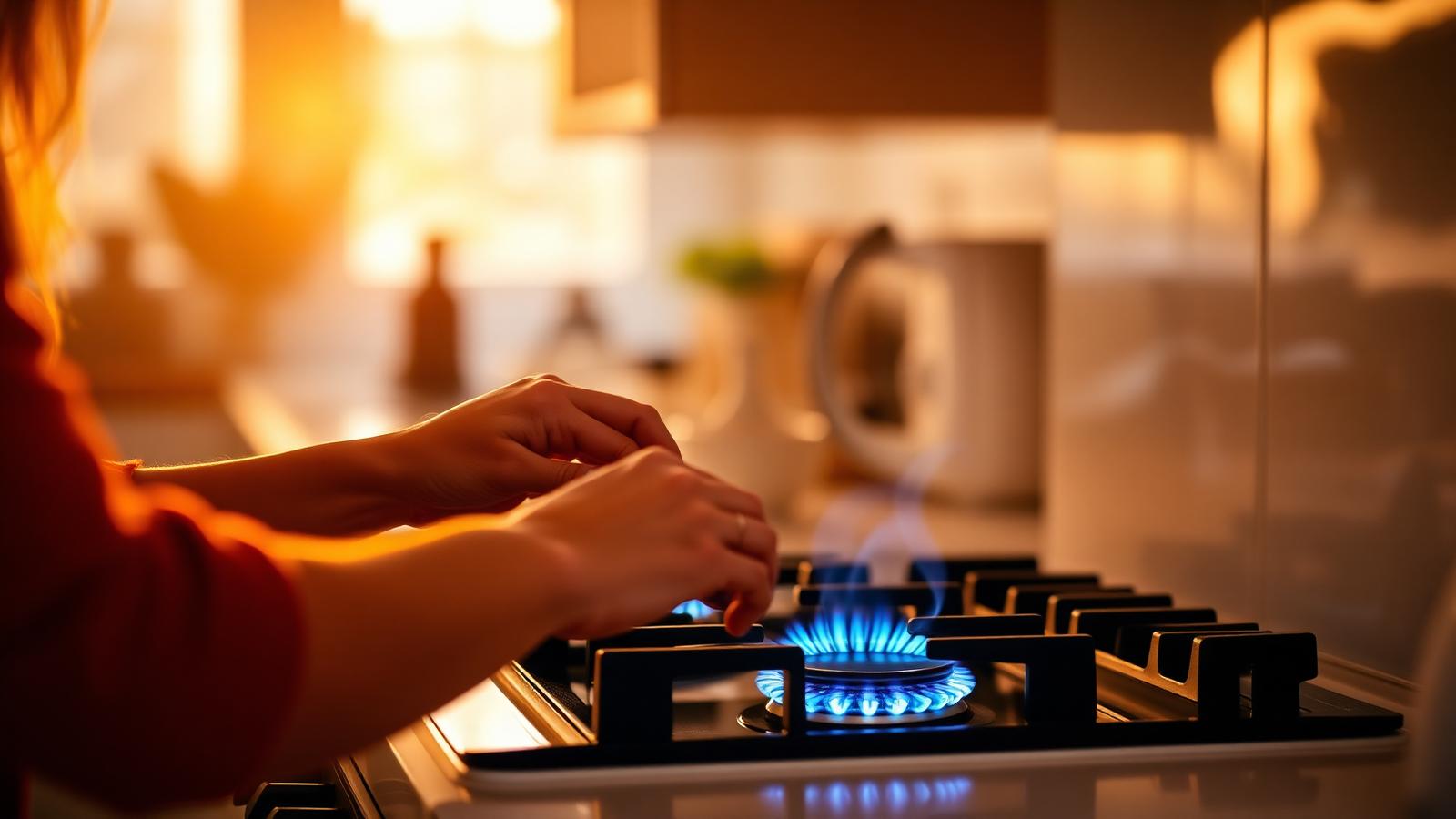 Blaue Gasflamme auf modernem Herd