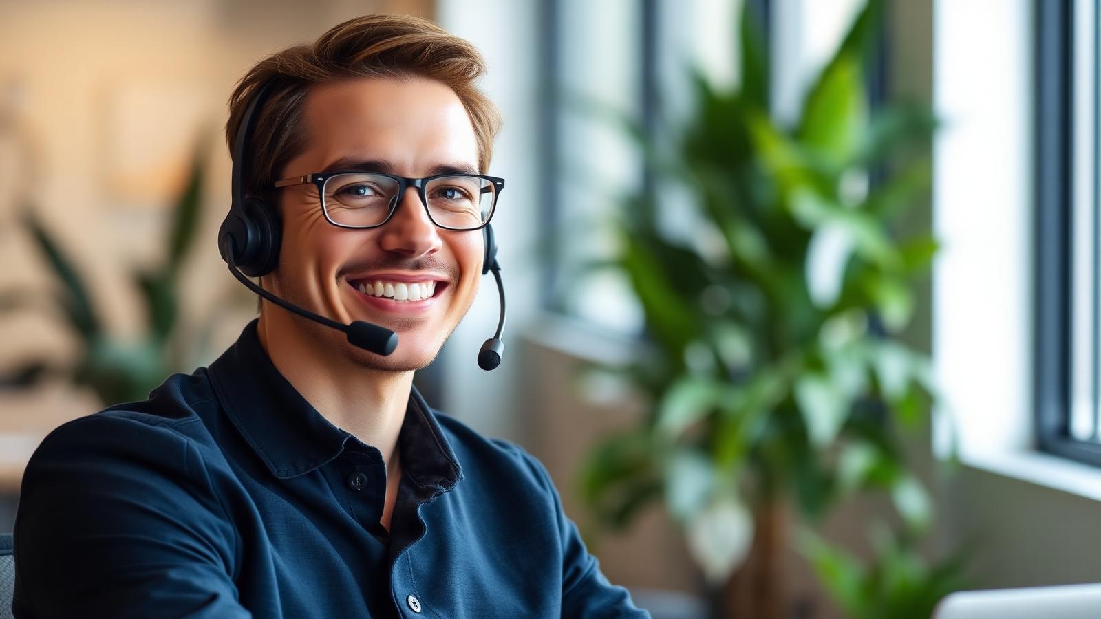 Freundlicher Kundenberater mit Headset im hellen Büro